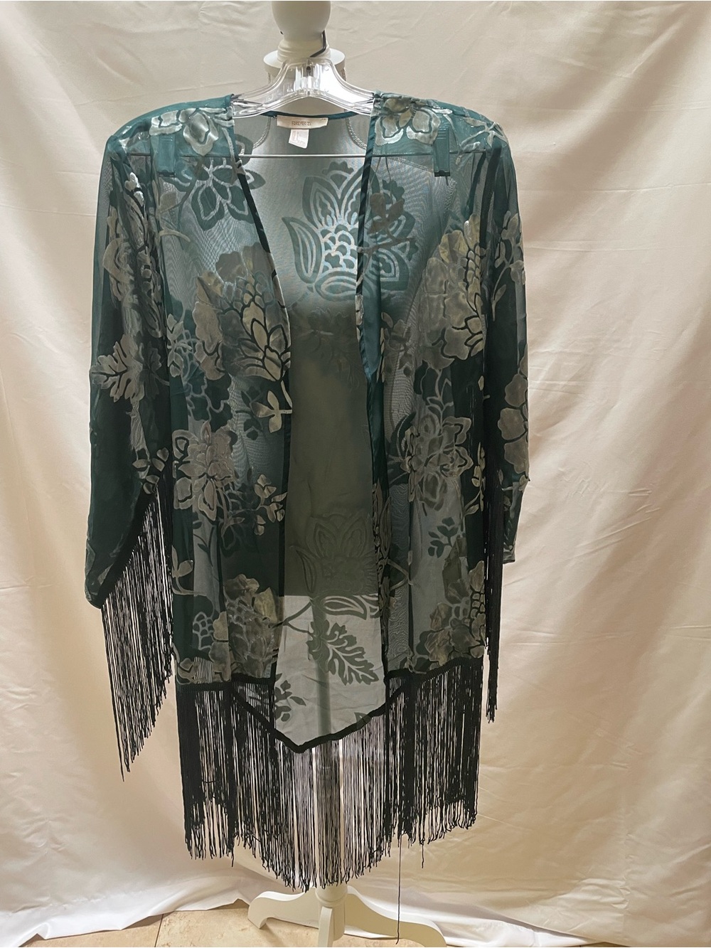 Forever 21 Green Sheer Floral Fringe Shawl